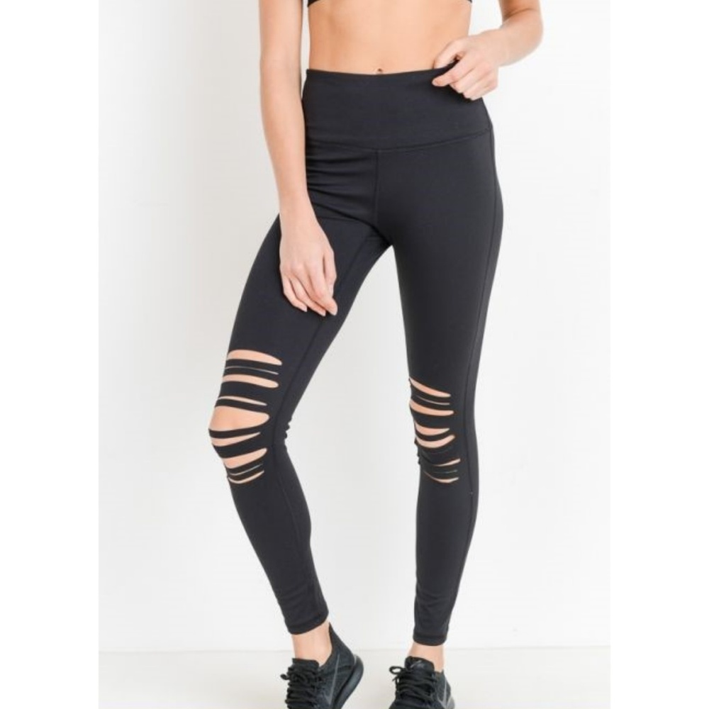 High Waist Laser Cut Ripped Knee Leggings